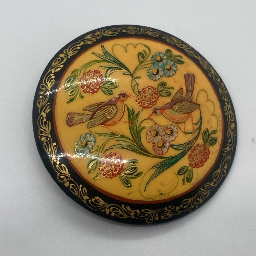 Vtg Russian Black Laquer on Wood Handpainted  Floral Bird Art Brooch | 2”